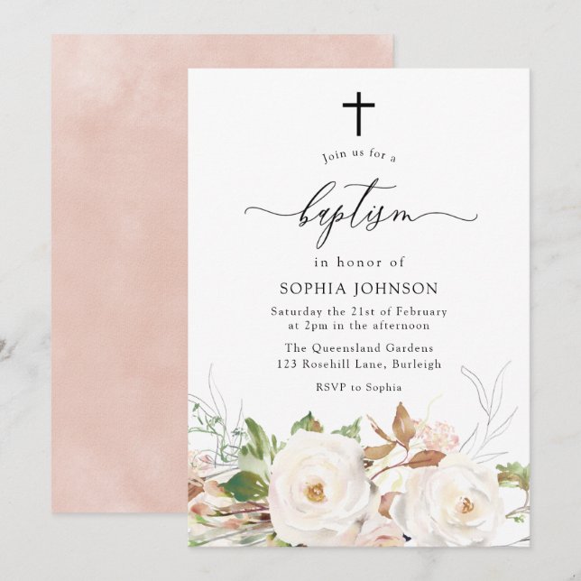 Invitation Aquarelle Bleue Blancs Joli Filles Florales Baptêm (Devant / Derrière)