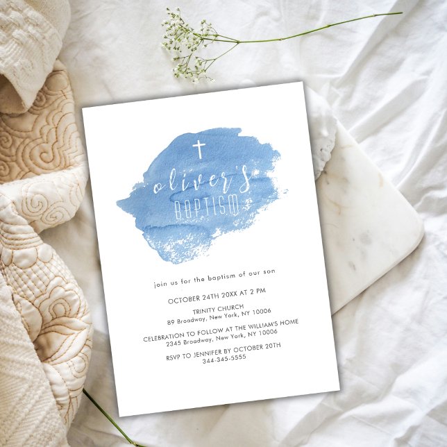 Invitation Aquarelle bleue Blush Cross Christening Baptême (Blue Watercolor Blush Cross Christening Baptism Invitation)