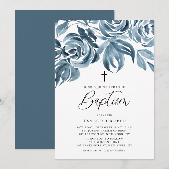 Invitation Aquarelle bleue Bouquet Rose d'hiver Baptême (Devant / Derrière)