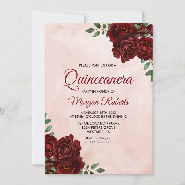 Invitation Aquarelle bleue Bourgogne Rose rouge Quinceanera (Devant)