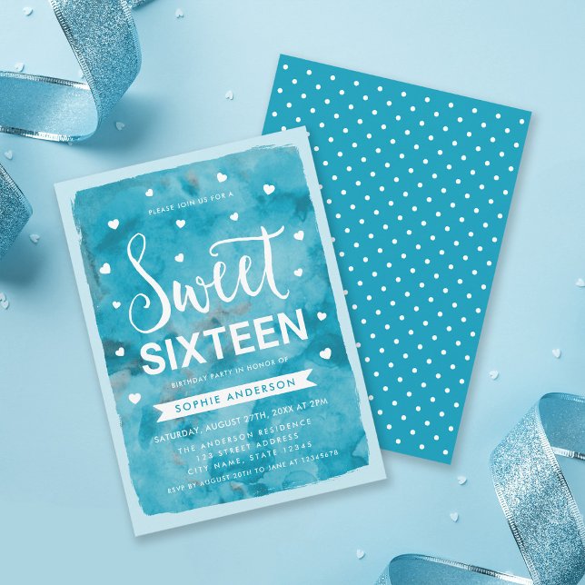Invitation Aquarelle bleue Coeurs doux 16 Anniversaire fête (Créateur téléchargé)