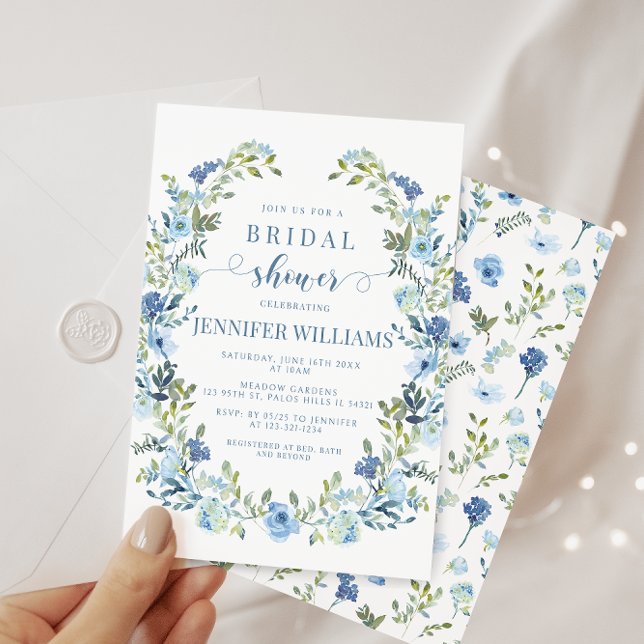 Invitation Aquarelle bleue courroie fleurie boho douche nupti (Créateur téléchargé)
