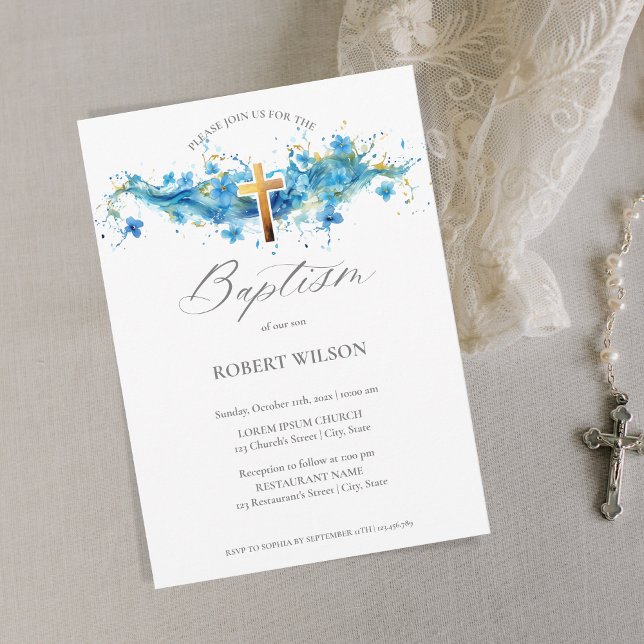 Invitation Aquarelle bleue Croix d'or Garçon Christening Bapt (Créateur téléchargé)