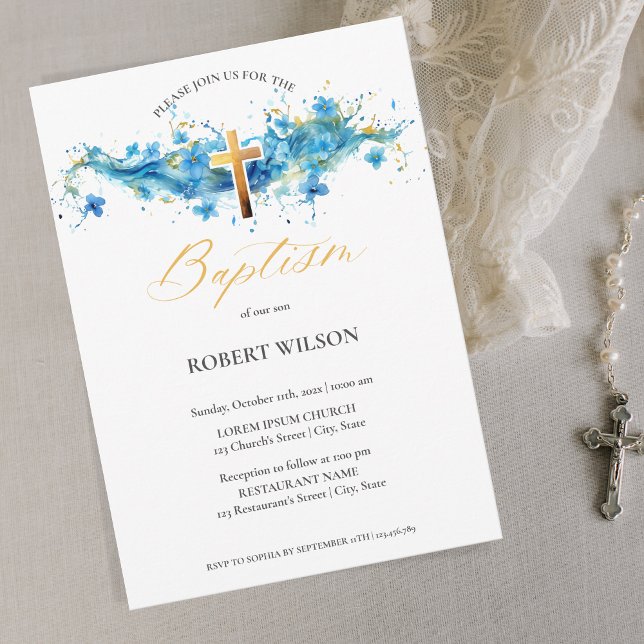 Invitation Aquarelle bleue Croix d'or Garçon Christening Bapt (Créateur téléchargé)