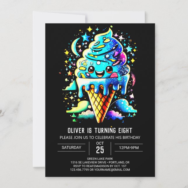 Invitation Aquarelle Bleue Cute Garçon Crème de glace Anniver (Devant)