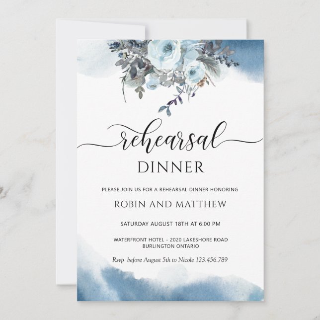 Invitation Aquarelle bleue et dîner de répétition de fleurs b (Devant)
