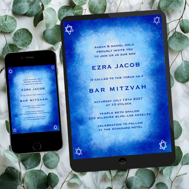 Invitation Aquarelle bleue et étoiles Bat mitzvah de barre pe (Blue Watercolor & Stars Custom Bar Bat Mitzvah Digital Evite Invitation
)