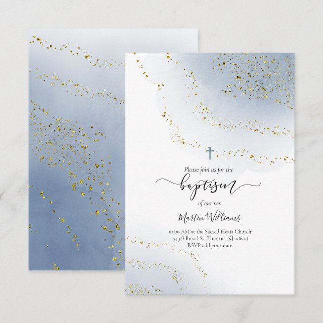 Invitation aquarelle bleue et feuille FAUX confetti baptême (Devant / Derrière)