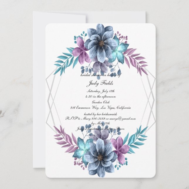 Invitation Aquarelle Bleue Et Violet Fête des mariées Florale (Devant)