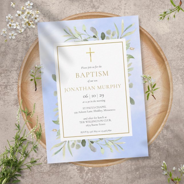 Invitation Aquarelle bleue Eucalyptus Vert Baptême (Créateur téléchargé)