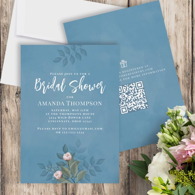 Invitation Aquarelle bleue Fête des mariées florale personnal (Créateur téléchargé)