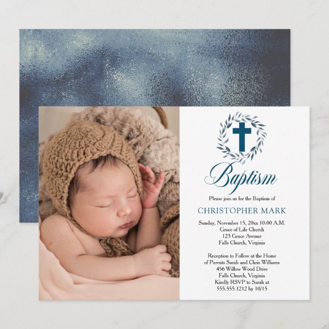 Invitation Aquarelle bleue Feuilles Wreath Boy Photo Baptême (Devant / Derrière)