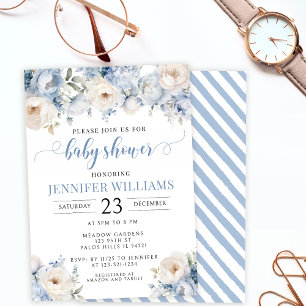 Invitation Aquarelle bleue fleurie bébé garçon douche invitat