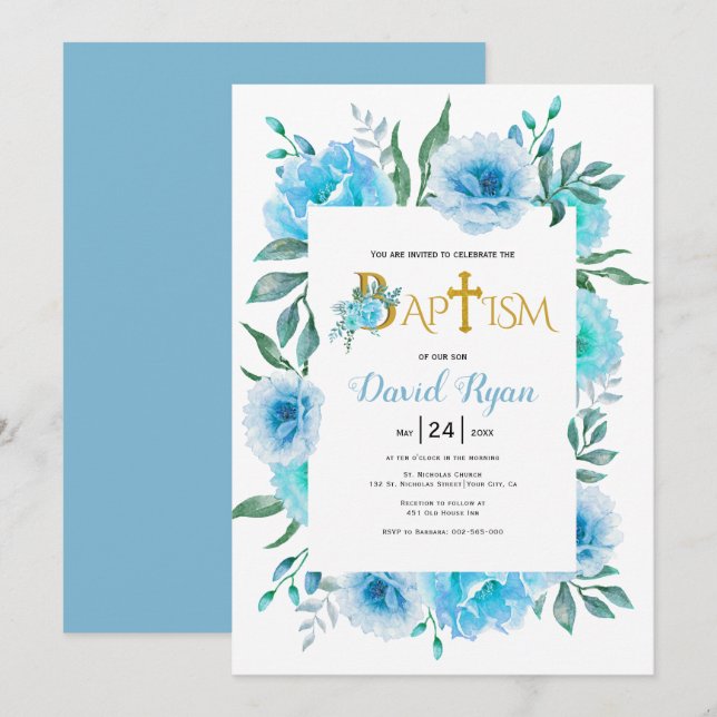 Invitation Aquarelle bleue fleurs garçon baptême floral (Devant / Derrière)