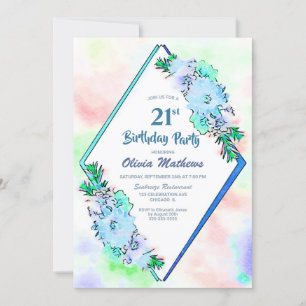 Invitation Aquarelle bleue Floral 21e anniversaire