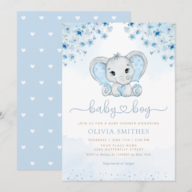 Invitation Aquarelle bleue Floral Elephant Baby shower garçon (Devant / Derrière)