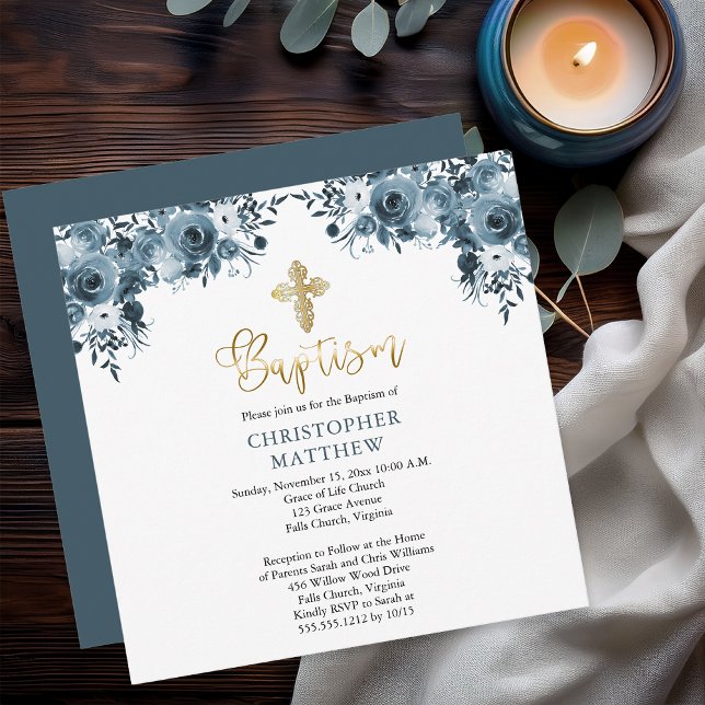 Invitation Aquarelle bleue Floral | Faux Gold Boy Baptism (Elegant Blue Watercolor Floral Faux Gold Accents Boy Baptism Invitation - Print | Digital Download)