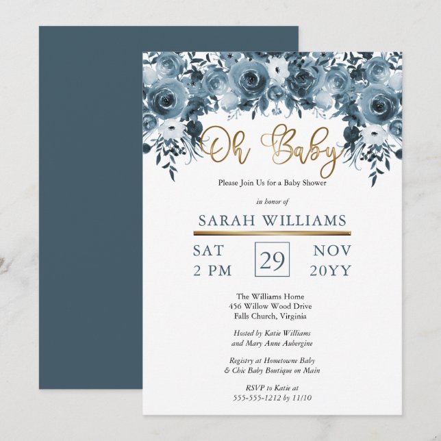 Invitation Aquarelle bleue Floral | Gold Boy Oh Baby shower (Devant / Derrière)