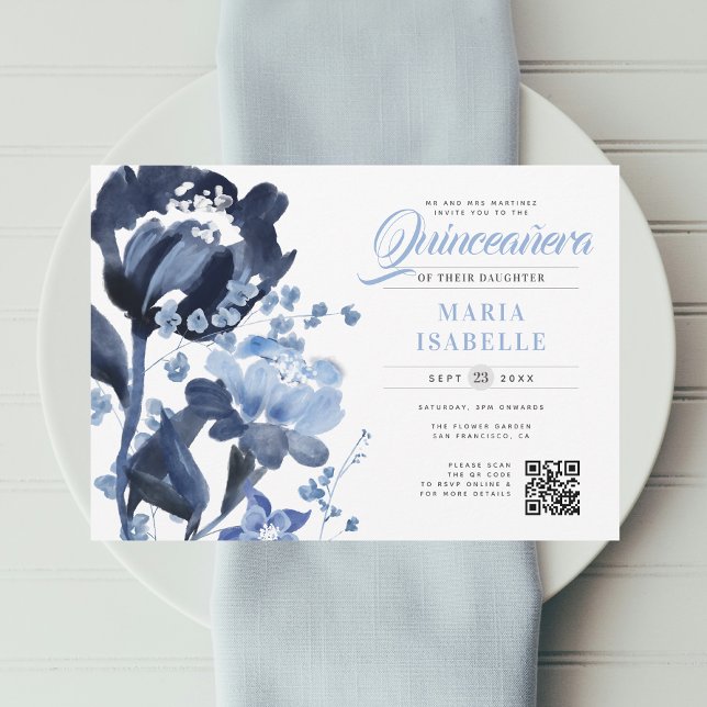 Invitation Aquarelle bleue Floral QR Code Quinceañera (Watercolor Blue Wildflowers Quinceanera Birthday Invitation QR Code RSVP)