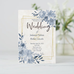 Invitation Aquarelle bleue florale et cadre or mariage invi