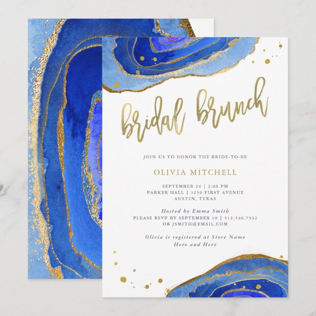 Invitation Aquarelle bleue Geode avec or| Brunch nuptial (Devant / Derrière)