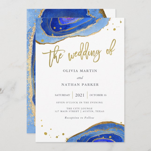 Invitation Aquarelle bleue Geode avec or| Mariage (Devant / Derrière)