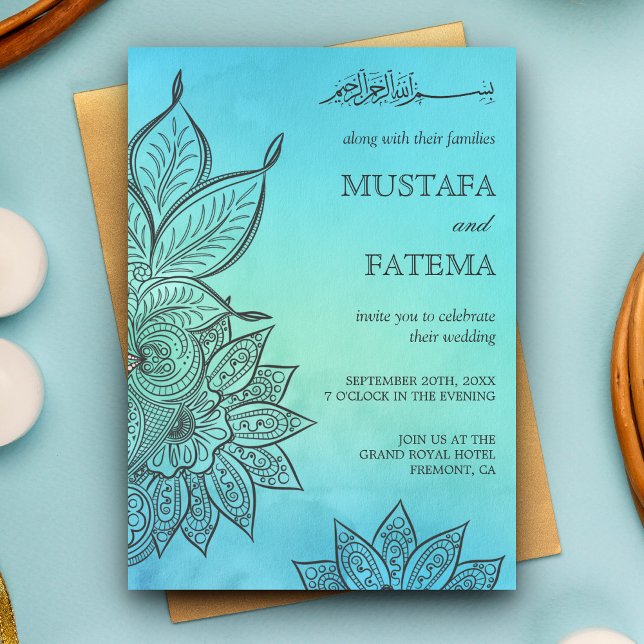 Invitation Aquarelle bleue Henné Mariage islamique (Créateur téléchargé)