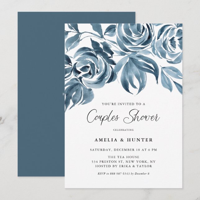 Invitation Aquarelle bleue Hiver Roses Couples Douche (Devant / Derrière)