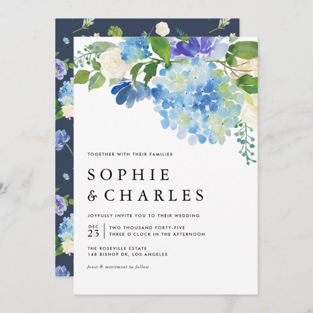 Invitation Aquarelle bleue Hydrangea Hiver Floral Mariage (Devant / Derrière)
