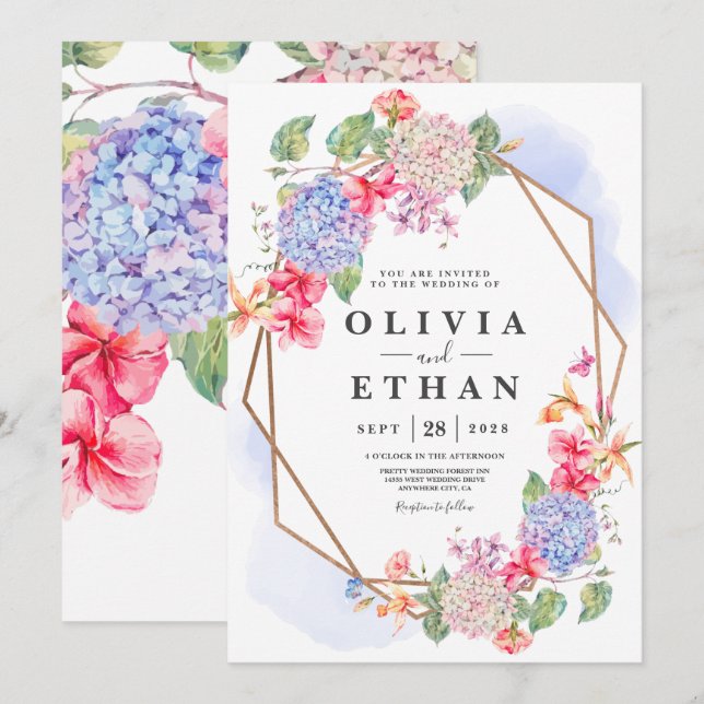Invitation Aquarelle bleue Hydrangea mariage Floral (Devant / Derrière)