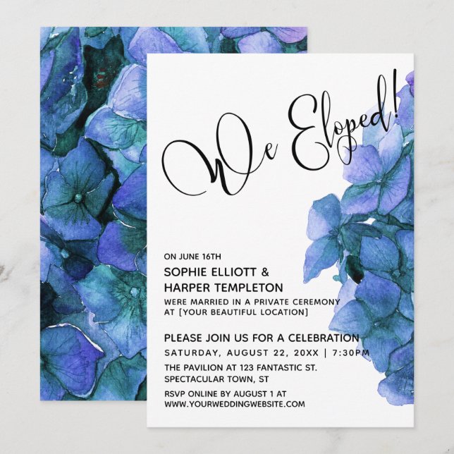 Invitation Aquarelle Bleue Hydrangea Nous Avons Elopé! Typogr (Devant / Derrière)