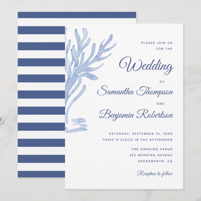 Invitation Aquarelle bleue Mariage nautique thème de plage (Devant / Derrière)