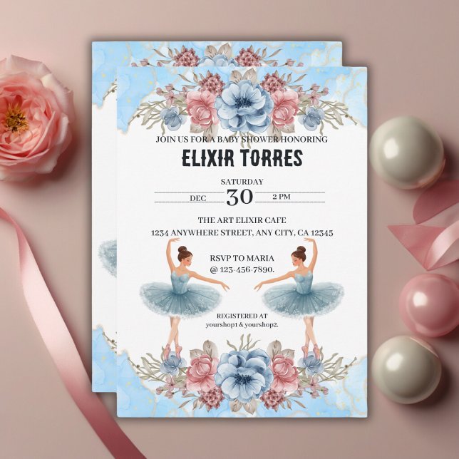 Invitation Aquarelle bleue mignonne Baby shower de Ballerina  (Créateur téléchargé)