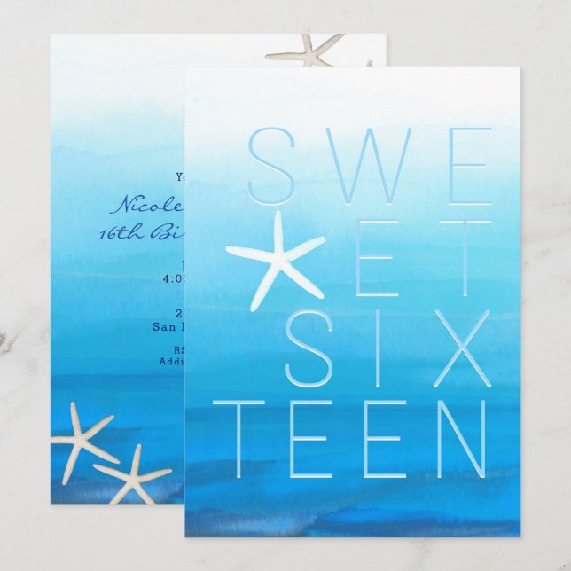 Invitation Aquarelle bleue Moderne Sweet 16 Beach Party (Devant / Derrière)