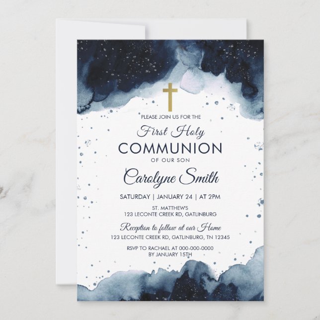 Invitation Aquarelle bleue modifiable Premier Garçon de Commu (Devant)