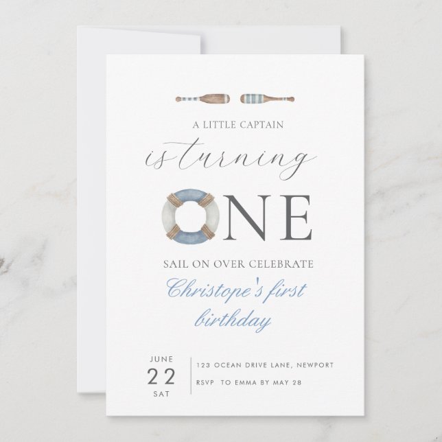 Invitation Aquarelle bleue Notre petit capitaine tourne un (Devant)