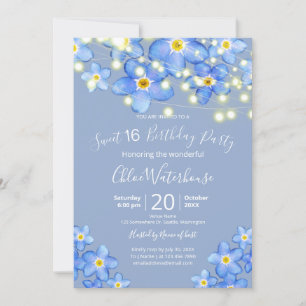 Invitation Aquarelle bleue Oubliez-moi non doux 16 Anniversai