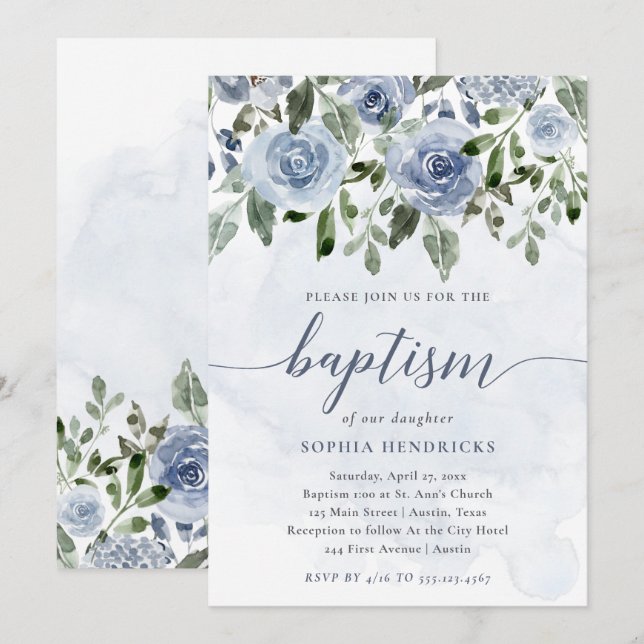 Invitation Aquarelle Bleue Plutôt Dusty Fleurs | Baptême (Devant / Derrière)
