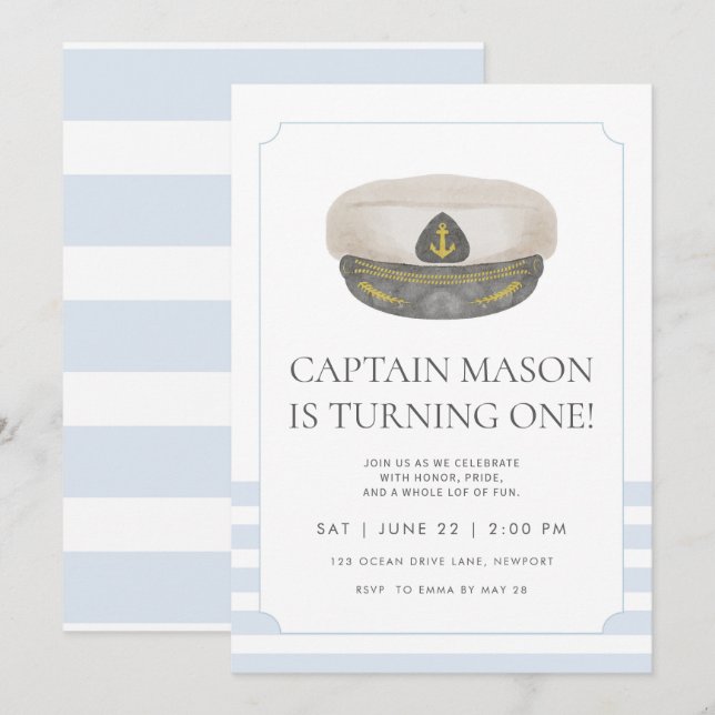 Invitation Aquarelle bleue Premier anniversaire du Casquette  (Devant / Derrière)