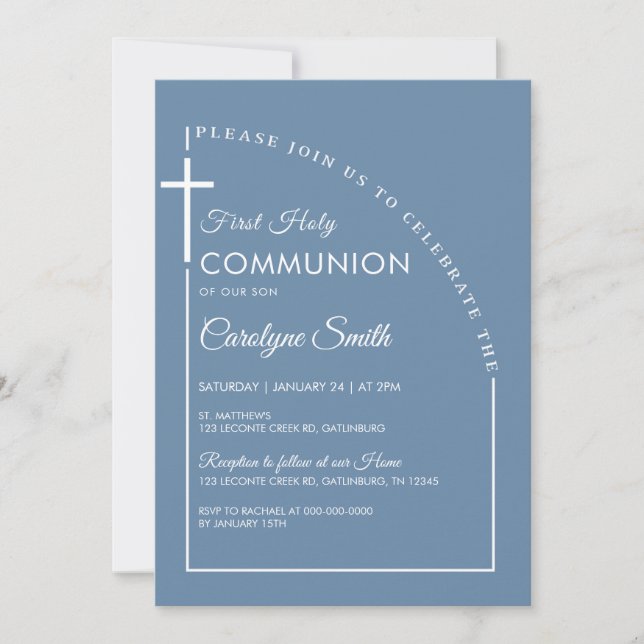 Invitation Aquarelle bleue Premier Garçon de Communion (Devant)