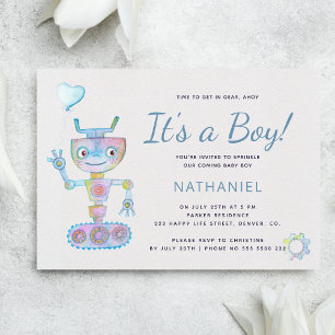 Invitation Aquarelle bleue robot mignon c'est un garçon Baby 