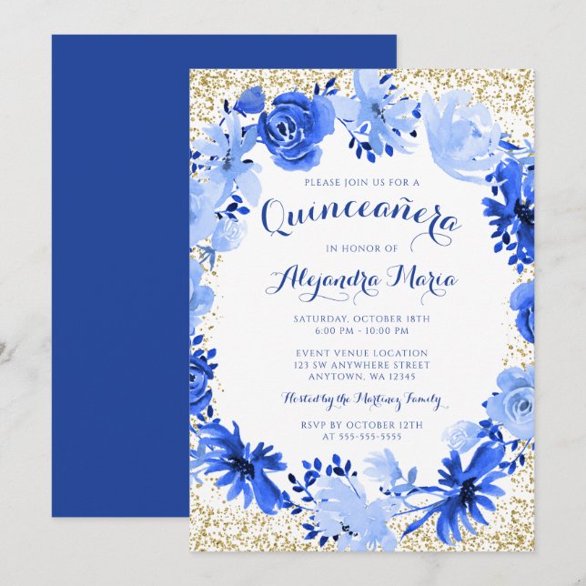 Invitation Aquarelle bleue royale Quinceanera or Floral (Devant / Derrière)