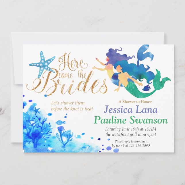 Invitation Aquarelle bleue sous-marine sirènes texte doré (Devant)