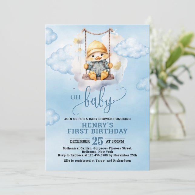 Invitation Aquarelle bleue Un Lucky Duck Boy 1er anniversaire (Debout devant)