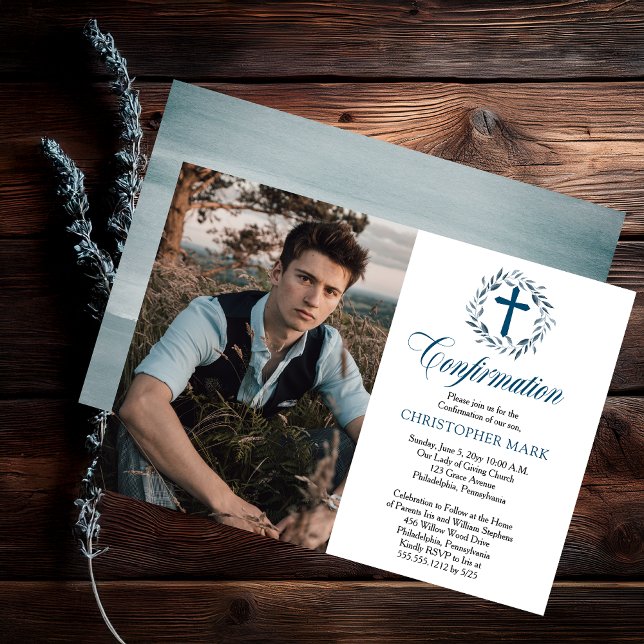 Invitation Aquarelle bleue Wreath Boy Photo Confirmation (Blue Watercolor Wreath Boy Photo Confirmation Invitation - Print | Digital Download)
