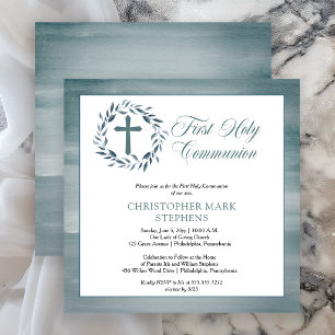 Invitation Aquarelle bleue Wreath Boy Première Communion sain