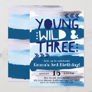 Invitation Aquarelle bleue Young Wild & Three 3e anniversaire