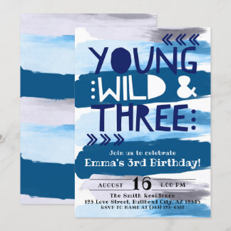 Invitation Aquarelle bleue Young Wild & Three 3e anniversaire