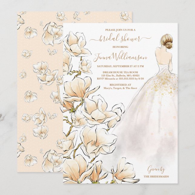 Invitation Aquarelle Blonde Bride Magnolia Fête des mariées (Devant / Derrière)