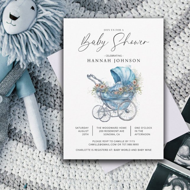 Invitation Aquarelle Blue Baby Carriage C'est une douche pour (Créateur téléchargé)